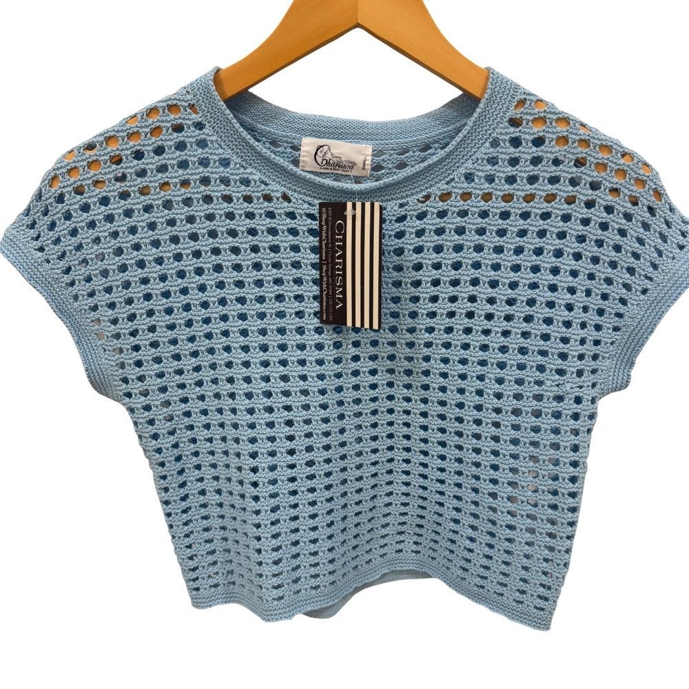 Charisma Blue Crochet Open Knit Crop Top NWT Coastal Boho Seaside Small